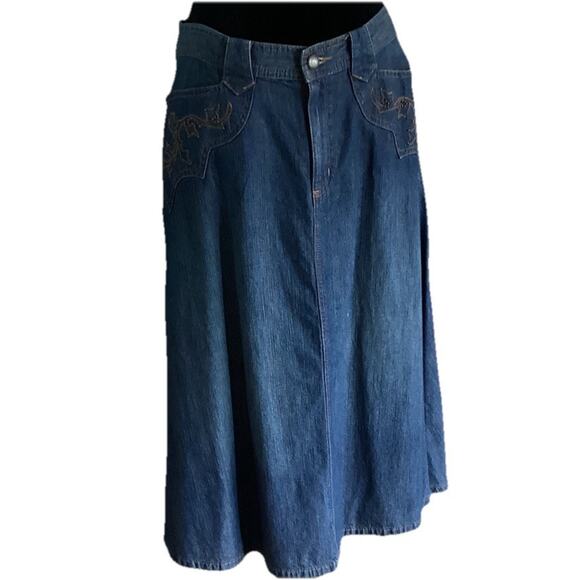 Ralph Lauren VTG Denim Midi Skirt, 10P Blue Embroidered Boho Cowgirl Y2K Western - Picture 3 of 10